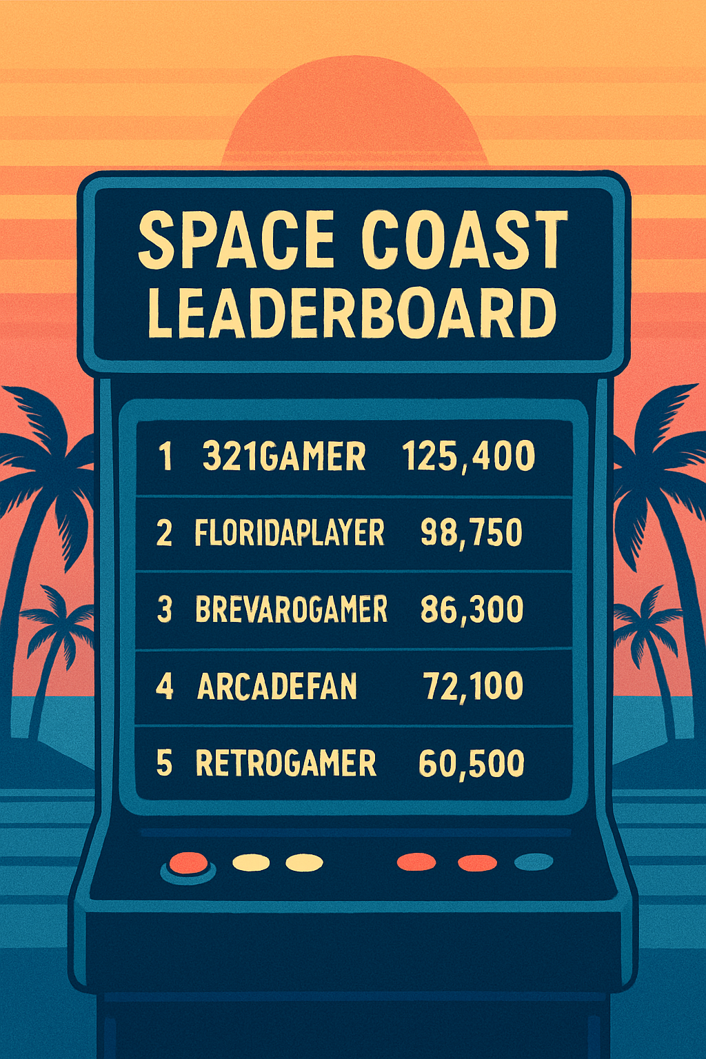 Sunset beach background with an arcade game showing leaderboard score.